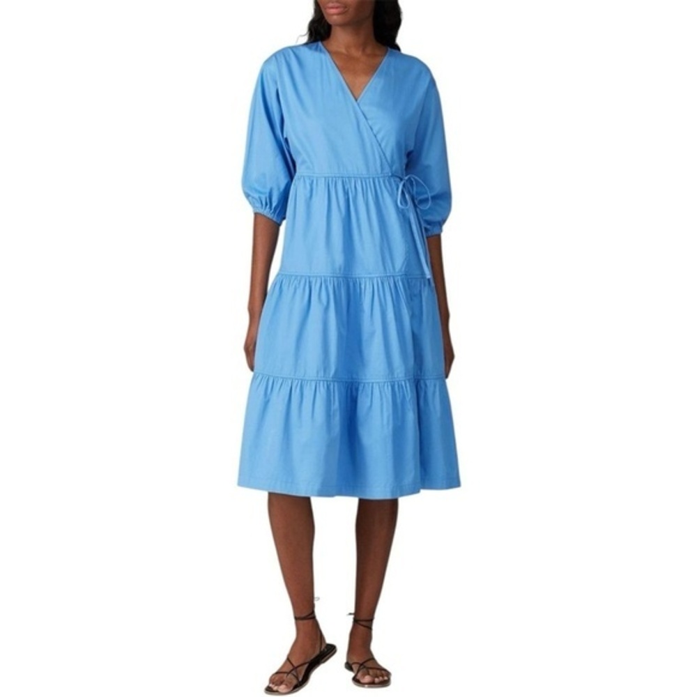 Sweet Baby Jaime Blue Tiered Wrap Dress 100% Cotton‎ V Neck 3/4 Sleeve Women's M